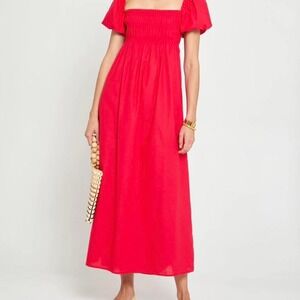 Kourt red linen midi dress size M smocked puff sleeve cottagecore
